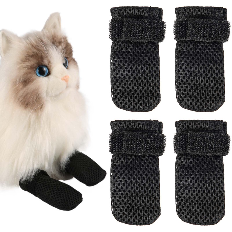 4pcs Anti Scratch Cat Mittens, Adjustable Mesh Cat Foot Covers, Breathable Cats Paw Covers Cat Nail Gloves Cat Paw Protector Cat Booties for Pet Bathing, Cutting Nails, Checking (XL, Black)