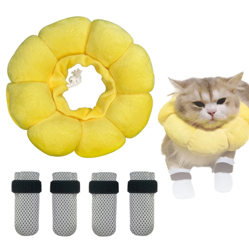 5Pcs Cat Mittens to Prevent Scratching and Cat Cone Collar Soft,Cute Cat Recovery Collar,Adjustable Breathable Cat Shoes,Ideal for Post Surgical Recovery and Nail Trimming in Cats