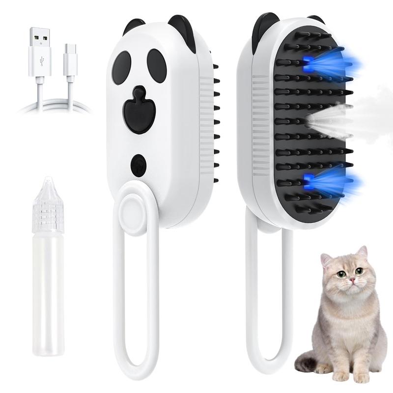Cat Steam Brush for Shedding, 4 in 1 Steamy Cat Brush with Cleanser, Dog Massage Grooming Brush, Pet Hair Cleaning Misting Comb (Panda) Panda