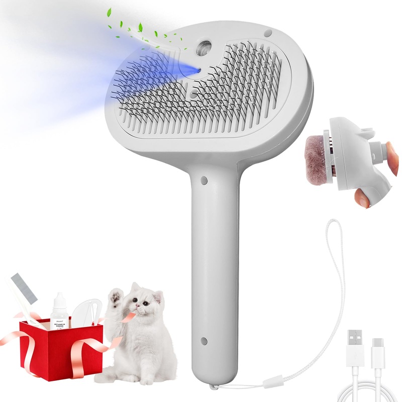 Cats Steam Hair Removal Brush, 4-in-1 Steam Cat Brush, Automatic Cleaning Cats Massage Brush, Remove Floating Hair Grooming Pet Brush, Kitten Brush with Small Comb White