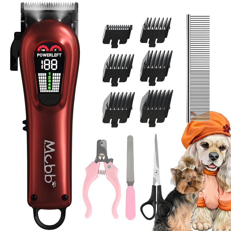 Dog Clippers- Low Noise Dog Grooming Kits 5-Mode Heavy-Duty Dog Clippers for Grooming with LED Display,Rechargeable Dog Grooming Kits, Auxiliary Light,Cordless Pet Grooming Tool Red