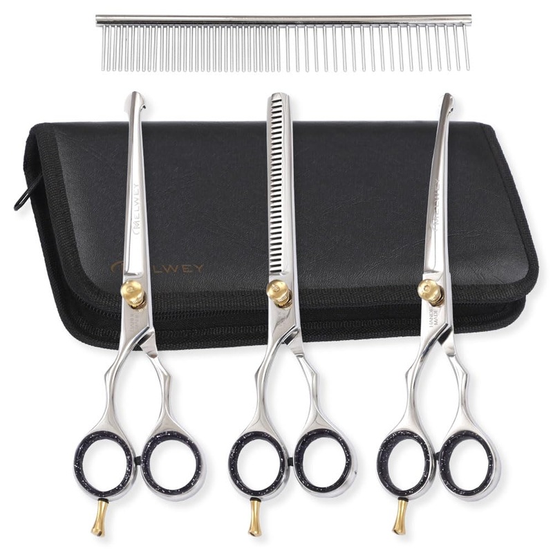 Left-Handed Pet dog Grooming Scissors Set Pro-Grade Curved Shears for Dogs Cats – Precision Crafted Sharp Blades Comfort Grip – Ideal for Cutting Curving Thinning (LH Round Tip Kit) LH Round Tip Kit