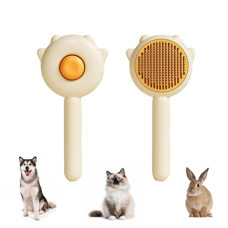 Pet Hair Brush with Release Button, Self Cleaning Cat Brush Pet Comb for Shedding Pet Hair Brush for Grooming Long and Short Hair Cats Dogs – Yellow