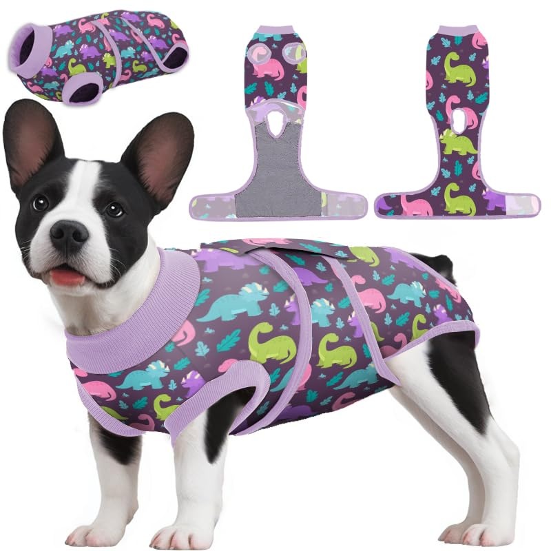 PetWarm Dog Surgical Suit Female Spay,Dog Coat’s Inner Clothes,Substitute E-Collar & Cone Prevent Pet Surgery Recovery Suit Anti-Licking Dog Surgery Recovery Suit Soft Dinosaur Pattern,Purple,M Medium (Back:19.3-23.3”, Weight:14-25LB) Purple