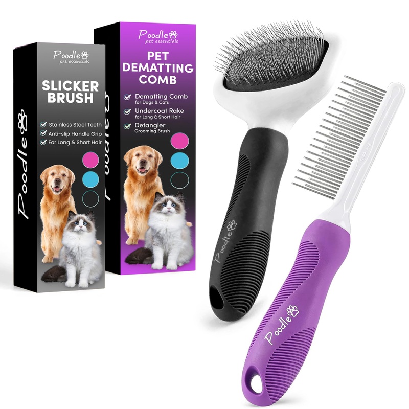 Poodle Pet Detangling Pet Comb + Black Slicker Brush Bundle