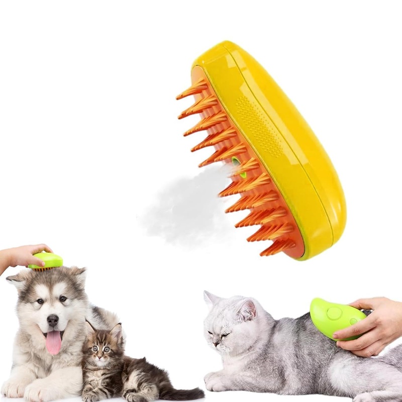 Steamy Cat Brush 3-in-1 Multifunctional Pet Grooming Brush: Massage, Detangling and Hair Removal for Cats and Dogs (Yellow)