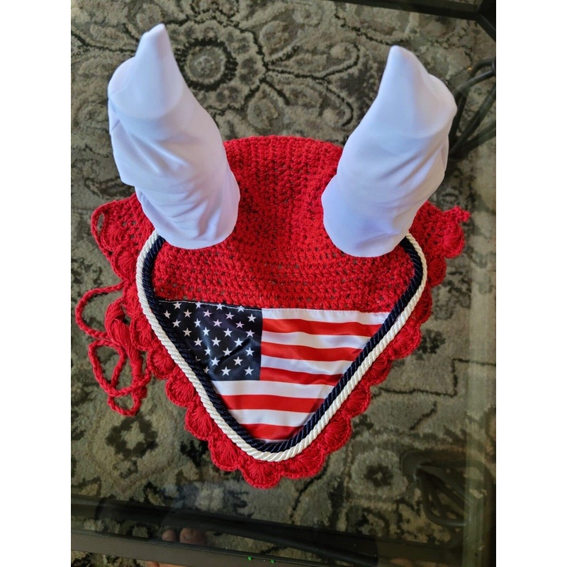 U.S. Flag Horse Fly Bonnet Ear Net Fly Veil Christmas Hood Mask Hand Made Crochet Cotton