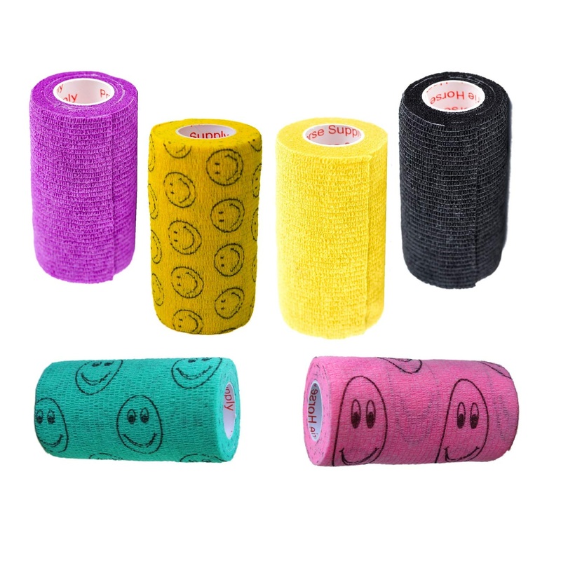 4 Inch Self Adhesive Medical Bandage Wrap Sport (Purple, Yellow, Black and Smiles on Yellow, Pink, Green) (6 Pack) Strong Elastic Self Adherent Flex Rolls for Wrist Ankle Knee Sprains and Swelling Assorted 1 4 Inch (Pack of 6)