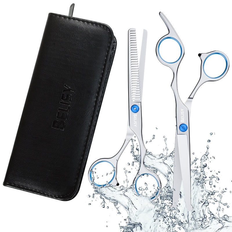 Dog Grooming Kit Scissor Set by BELISY | With Elegant Leather Case | 2-in-1 Dog Grooming Scissors | Thinning and Straight Scissors Black