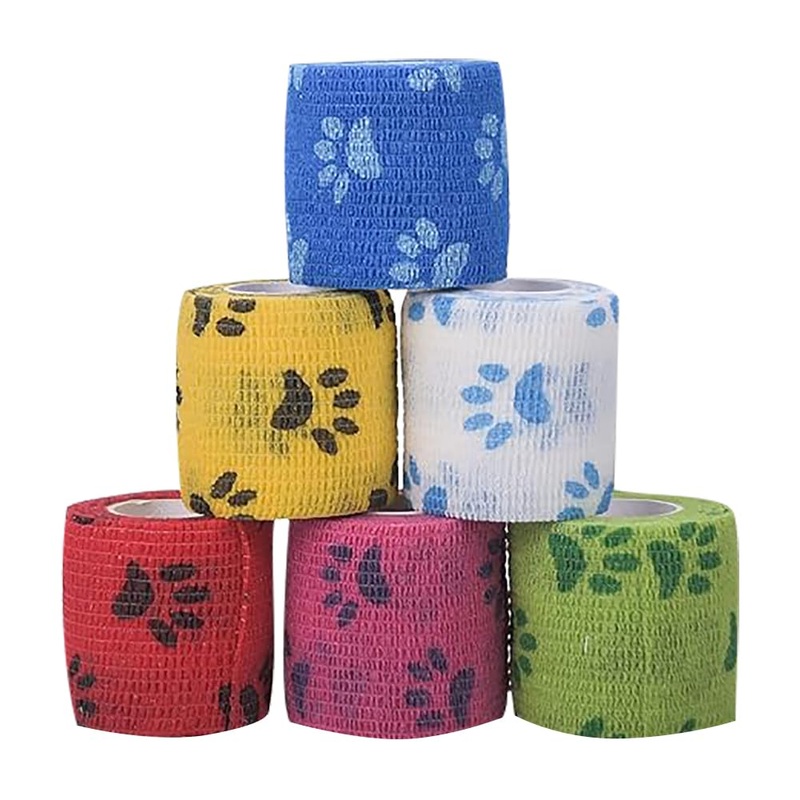 GSHLLO 6 Rolls 5 Yards x 5cm Paw Print Self Adhesive Bandage Sticky Vet Bandage Tape Elastic Pet Wrap Bandage Self Adhesive Wrapping Bandage