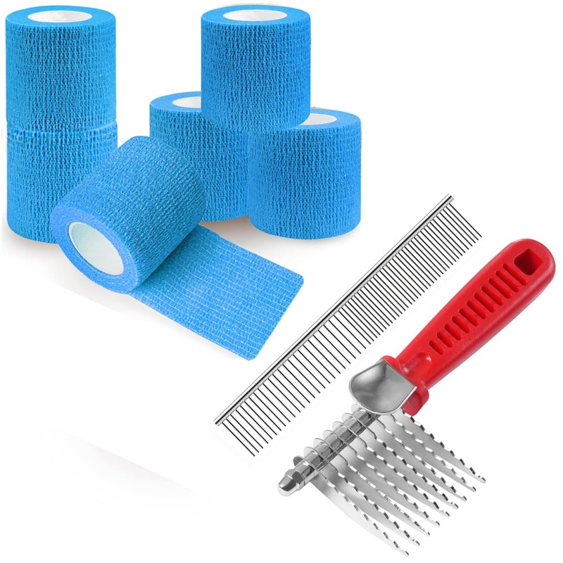 QUMY 6 Pack Blue Self-Adhesive Bandage Wrap 2 Inch x 5 Yards and Dog Comb Set for Dematting Knotted Hair