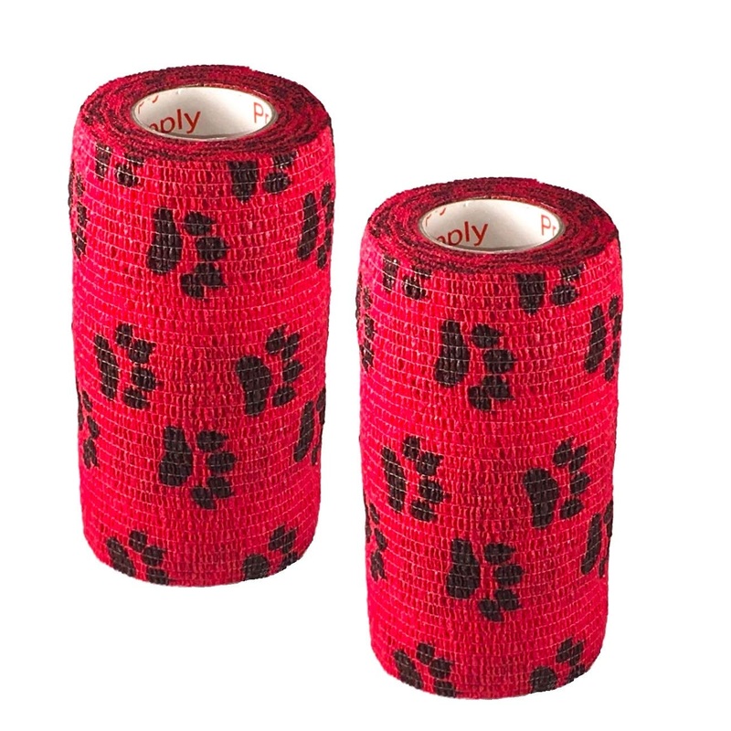 Vet Wrap Wrap Tape (Red with Paw Prints) (2 Pack) (3 Inch x 15 feet) Self Adhesive Adherent Adhering Cohesive Flex Self Stick Bandage Grip Roll Dog Cat Pet Horse 2 Rolls Red With Black Paws