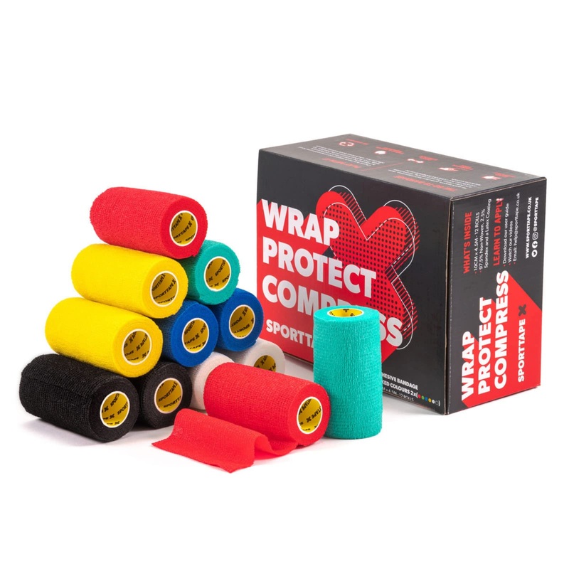 12 Rolls SPORTTAPE Cohesive Bandage | Self Adherent Vet Wrap & Pet Wrap – 10cm x 4.5m – Mixed Colours | Football Sock Wrap & Shin Guard Tape for Wrist & Ankle Sprains, Swelling & Compression Assorted