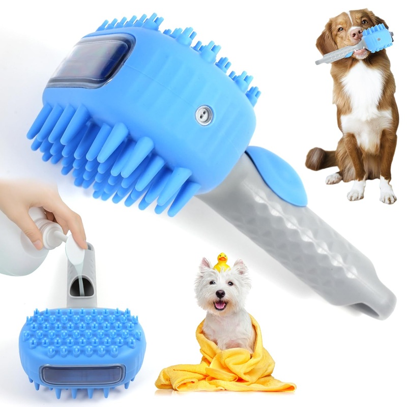 2 in 1 Dog Bath Brush, Soft Silicone Grooming Brush with Handle Shampoo Dispenser Shower Brush for Short Long Hair Dogs Cats Washing Massaging (Blue) Blue