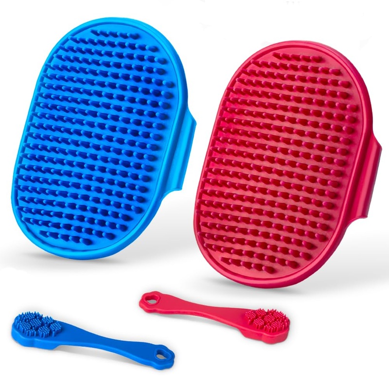 4PCS Dog Bath Brush | Dog Scrubber for Bath | Dog Shampoo Brush | Dog Toothbrush | Dog Finger Toothbrush | Dog Shower/Washing Brush with Adjustable Ring Handle – Dog Bath Supplies (Blue Red)