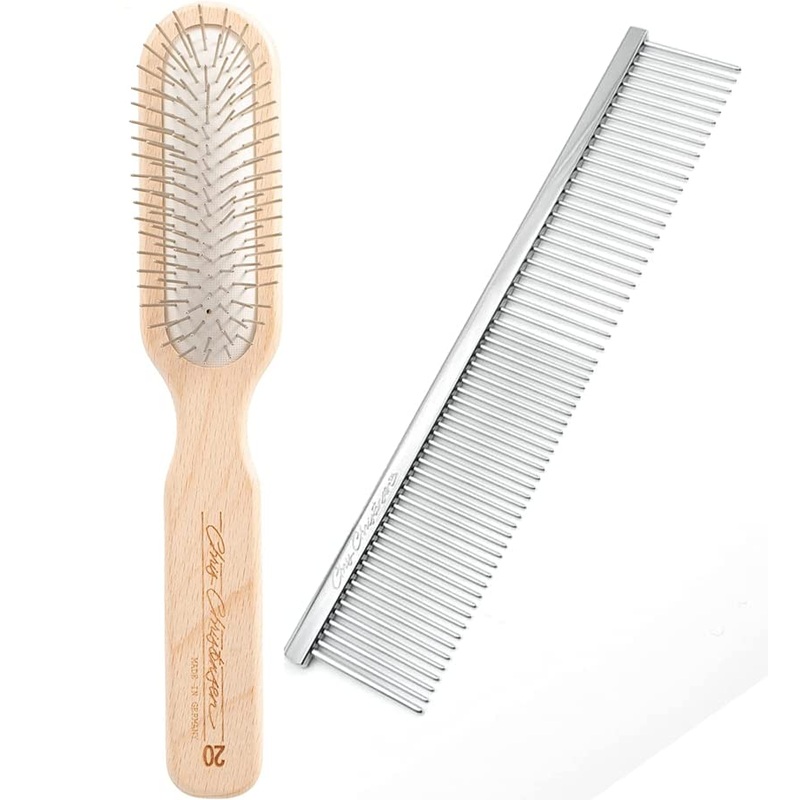 Chris Christensen Groomer’s Bundle – 20 mm Original Series Oblong Pin Brush, Stainless Steel Pins, Beech Wood – 000 7.5 in. Greyhound Style Fine/Coarse Buttercomb, Stainless Steel, Prevents Friction