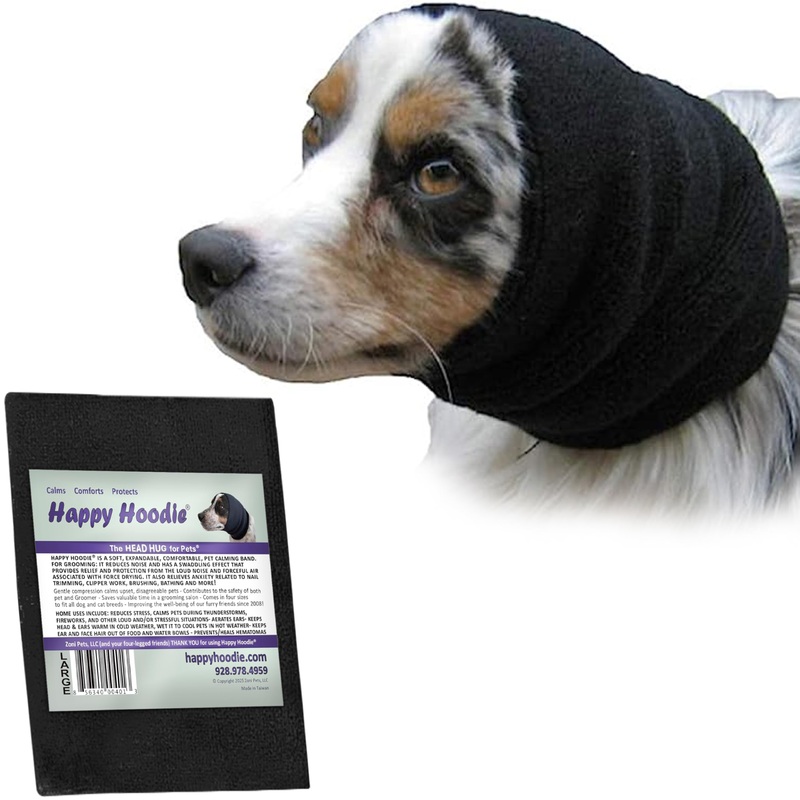 Happy Hoodie The Original Calming Band for Dogs & Cats – for Anxiety Relief & Calming Dogs  Noise Canceling for Dogs – The Force Drying & Grooming Miracle Tool Since 2008 (Large, Black) Large