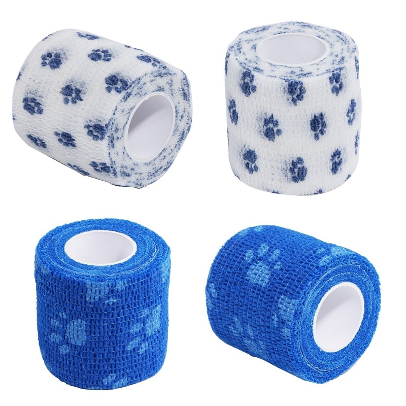 HOSUKKO 4Pcs Pet Bandage Cohesive Bandage Self Adhering Stick Bandage, Multi-Function Non-Woven Fabric Elasticity Gauze Rolls Self Adhering Stick Bandage Wrap Vet Tape for Pet Animals blue and white