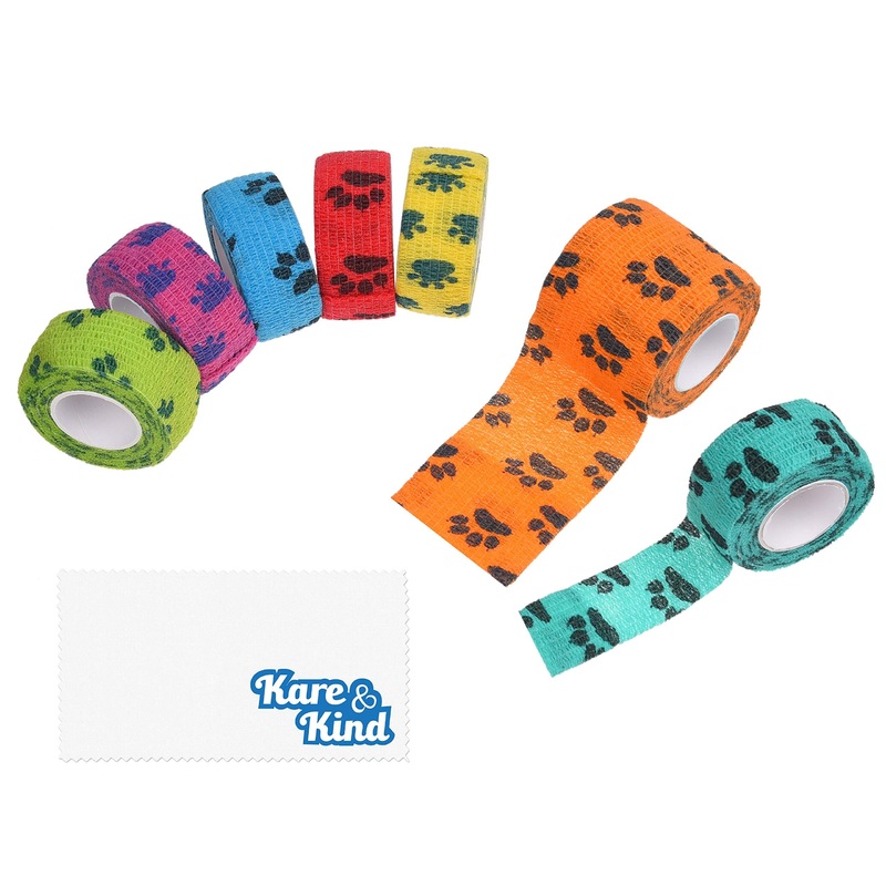 Kare & Kind Self-Adhesive Bandage – Injury Wrap Tape for Pets – Dog, Cats, Horses – 7 Multi-Color Rolls – Muscle and Joint Support – Elastic, Does not Stick to Animal Fur or Coat