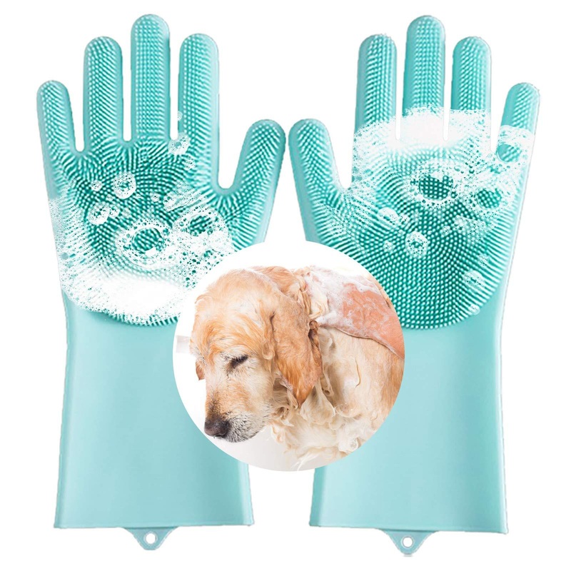laamei Pet Grooming Gloves for Cat & Dog, Dog Bathing Shampoo Gloves with Long Bristles, Heat Resistant Silicone Pet Hair Removal Gloves for Bathing and Massaging Green
