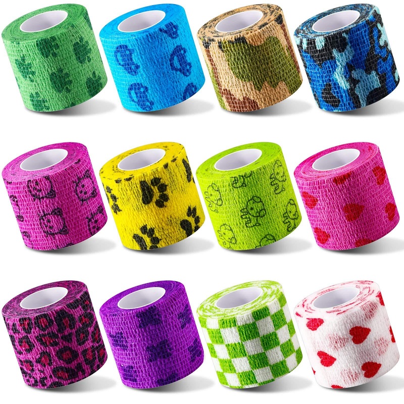 Nuanchu 12 Pieces Vet Wrap Pet Self Adhesive Bandage Cohesive Wrap Bandage in 12 Styles for Cats, Dogs, and Other Animals and Person Wrist, Knee and Ankle Sprains Swelling, 2 Inch