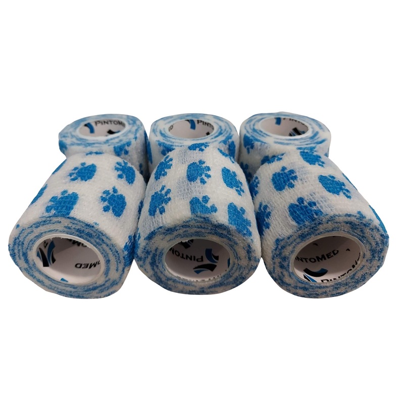 PintoMed- 6 DOG BLUE PAW Cohesive Bandage Stretched 6 Rolls x 5cm x 4.5m Self-adhesive Flexible Bandages, Professional Quality, First Aid Sports Wrap Bandages – Pack of 6