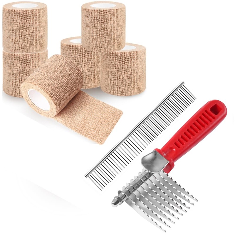 QUMY 6 Pack Khaki Self-Adhesive Bandage Wrap 2 Inch x 5 Yards and Dog Comb Set for Dematting Knotted Hair