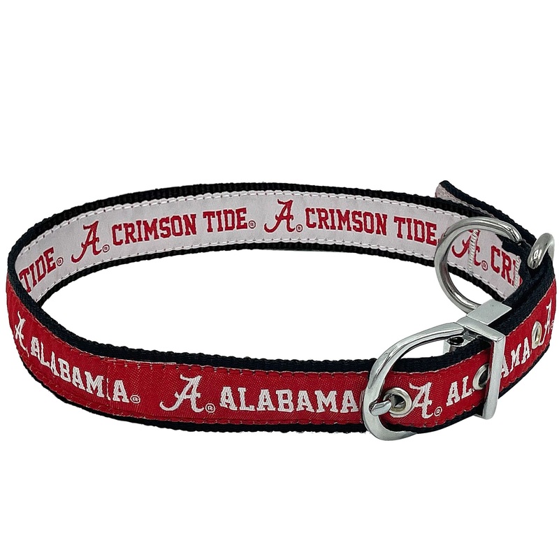 Reversible NCAA Dog Collar. Premium Home & Away Two-Sided Pet Collar Adjustable with Metal Buckle. Your Favorite NCAA Football Team with Unique Design on Each Side! Dogs & Cats Alabama Crimson Tide Medium