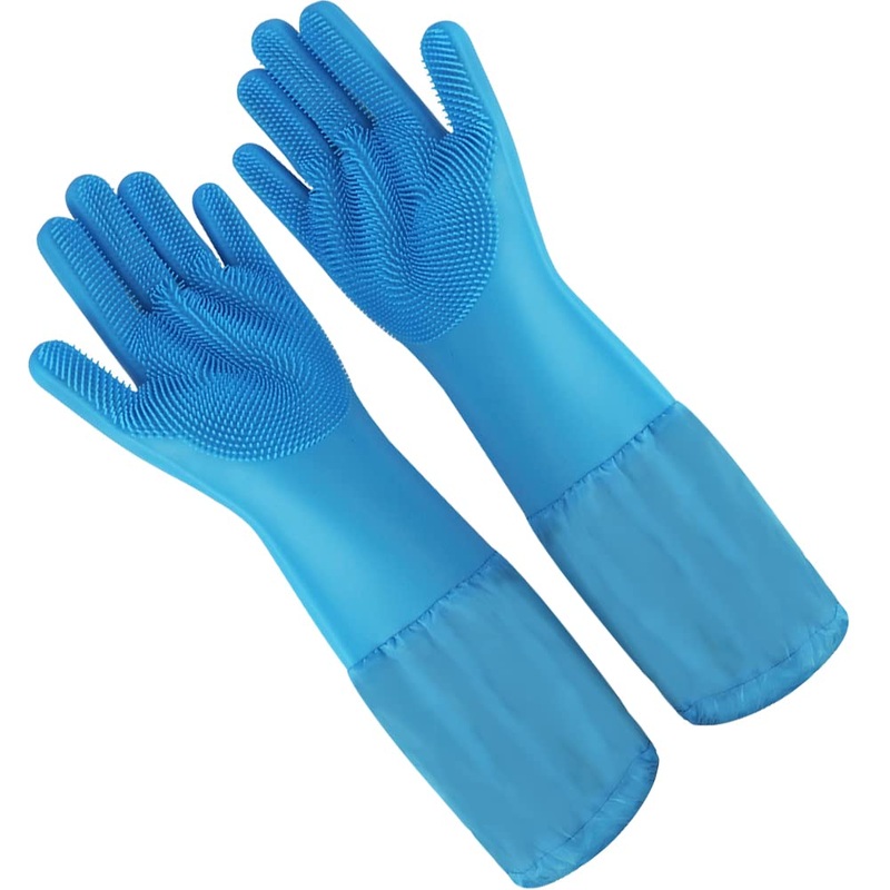 WAYUTO Long Sleeve Silicone Grooming Gloves – Cat & Dog Massaging, Hair Removal, Bathing, Shampoo Gloves for Kitchen, Bathroom and Pet Shop Use – Blue