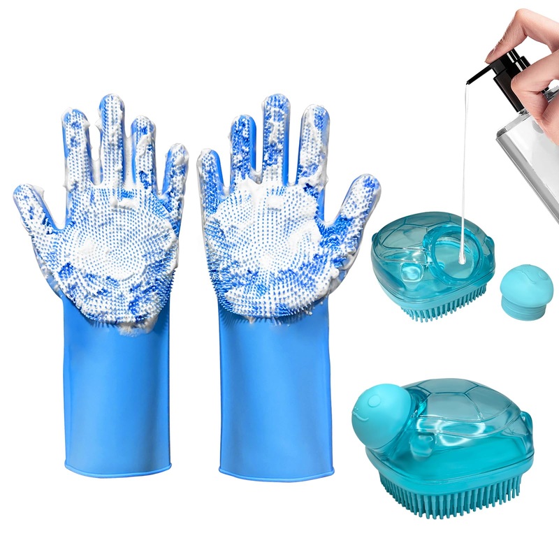2PCS Dog Washing Gloves and Dog Shampoo Brush, Dog Bath Supplies Dog and Cat Bath Set Pet shower set-b