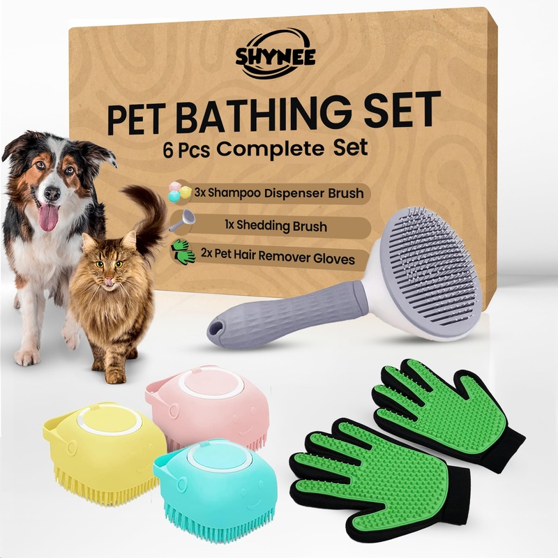 6 in 1 Dog Washing Kit for Loving Dogs & Cats – Dog Bath Brush, Dog Shampoo Brush, Dog Scrubber for Bath, Dog Washing Gloves and Mittens for Short & Long Haired Dog/Cat – Pets Love It!