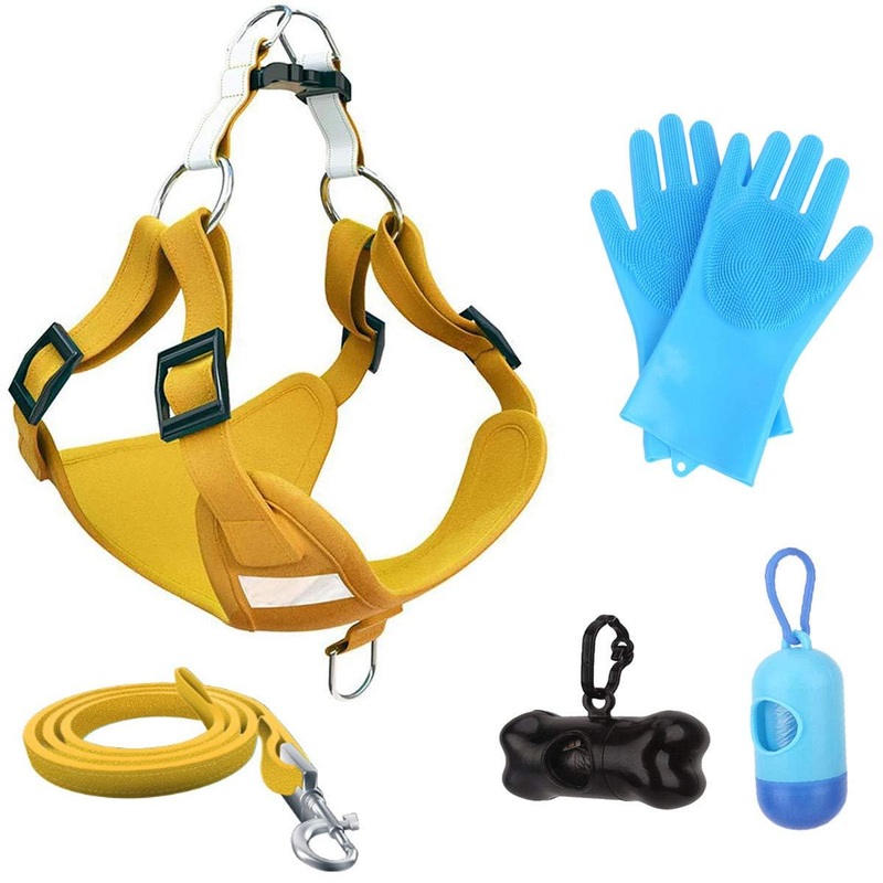 Binjor 7Pcs Vest type traction rope Breathable durable Dog harness small reflective walking rope and Silicone Pet Grooming Gloves Portable Pet Trash Bag Dispenser Pet supplies set