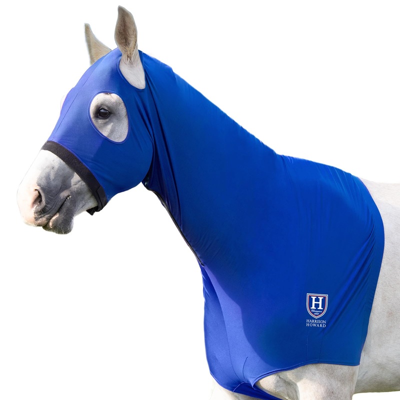 Harrison Howard Horse Stretch Hood Without Ears Snug Fitting Hood with Zip Closure Covers Face, Shoulders, Mane, Chest and Withers Perfect for Show/Event Preparation – Blue Full (Large)