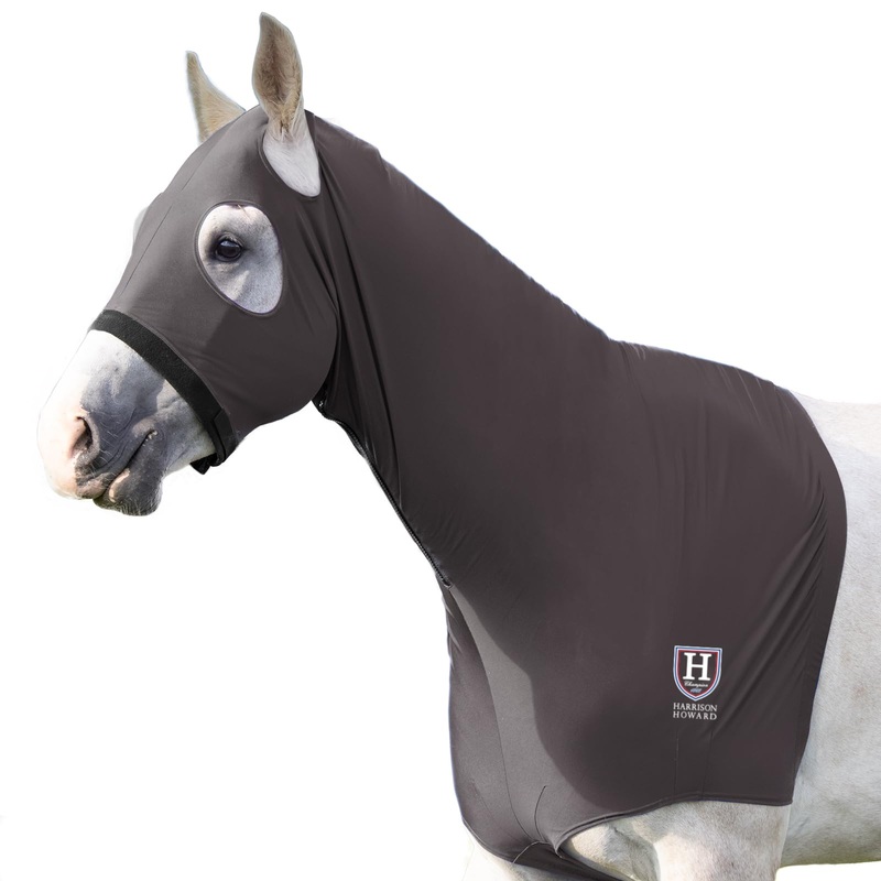 Harrison Howard Stretch Hood No Eye/Ear Covers Head, Shoulders, Mane, Chest, Withers Perfect for Show/Event Preparation-Grey M