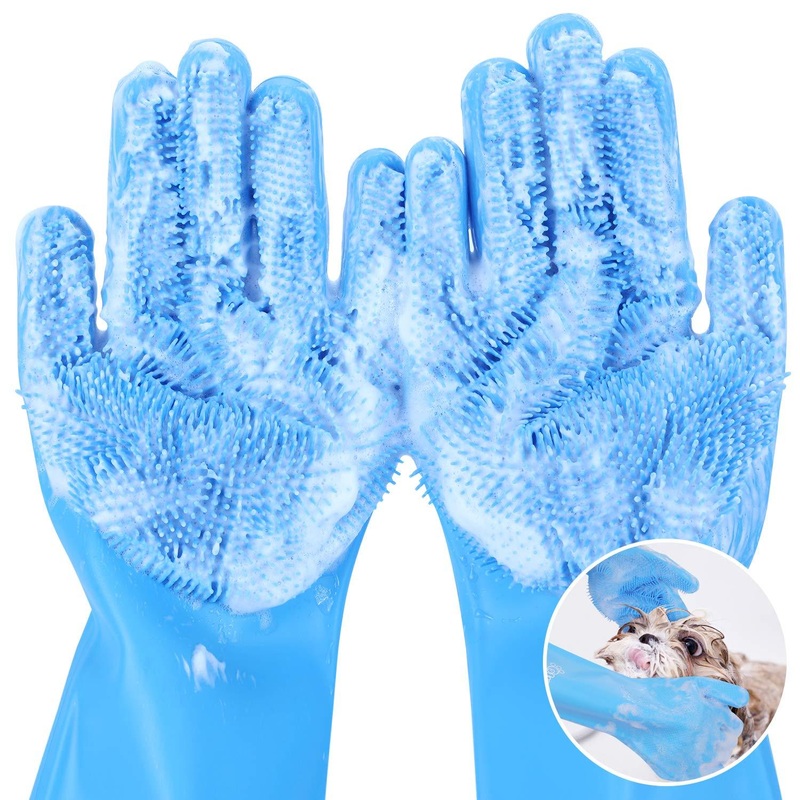 pecute Pet Grooming Gloves, Dog Wash Mitt Bathing Gloves with High Density Bristles, Silicone Hair Removal Gloves with Enhanced Five Finger Design, Bathing and Massaging for Dogs and Cats