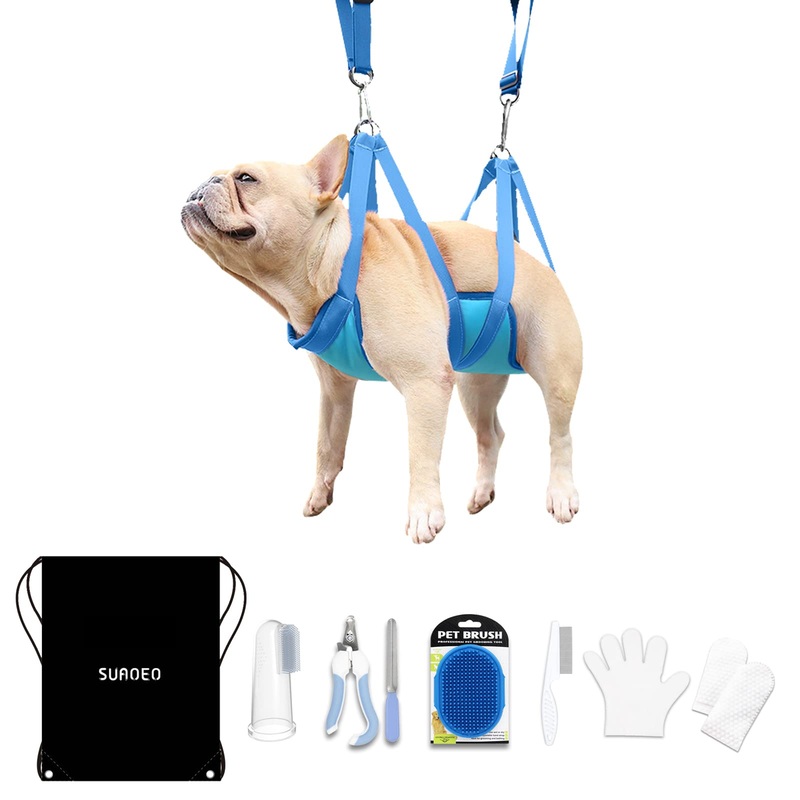 SUAOEO Pet Grooming Hammock Kit, 8 in 1 Breathable Hammock Set for Dog&Cat,with Nail Trimmer/File, Pet Comb,Shampoo Brush,Storage Bag,Finger Toothbrush,Disposable Gloves&Finger Gloves Blue M