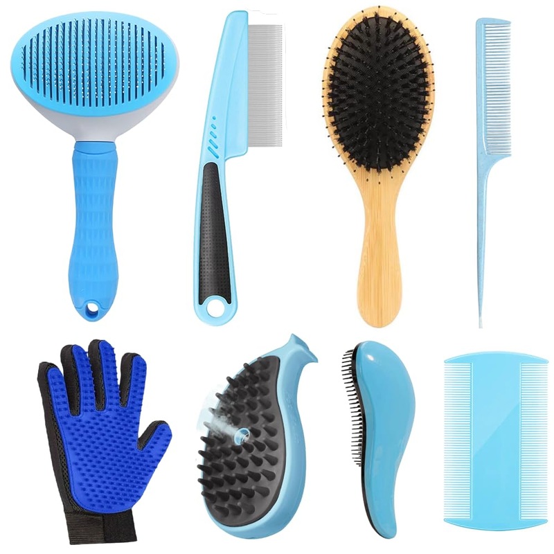 8 In 1 Cat Grooming Brushes for Short Hair, Cat Steam Brush, Bristle Shedding Brush, Flea Comb, Pet Grooming Glove, Dog Self Cleaning Brush for Short Haired Dogs Cats (short hair brush-blue) short hair brush-blue