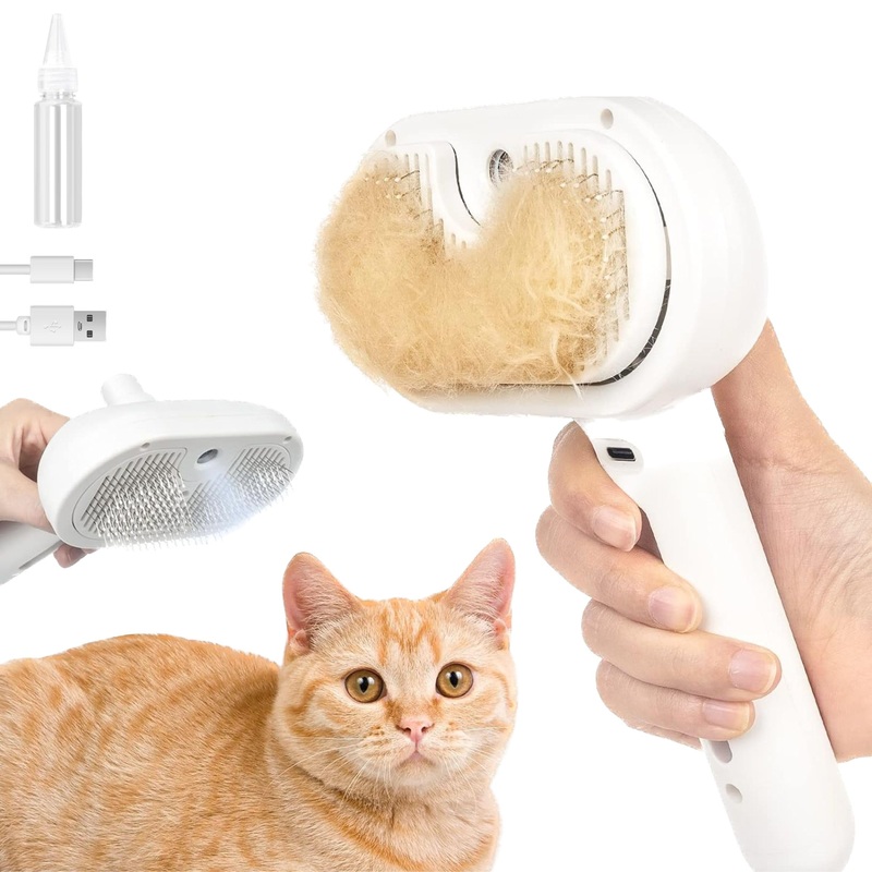 Cat Steam Brush, White – Innovative Spraying Feature for Shedding, Steamy Brush for Long & Short Haired Cats & Dogs, Self-Cleaning Pet Hair Removal Comb with Water Tank, Perfect for Cat Owners