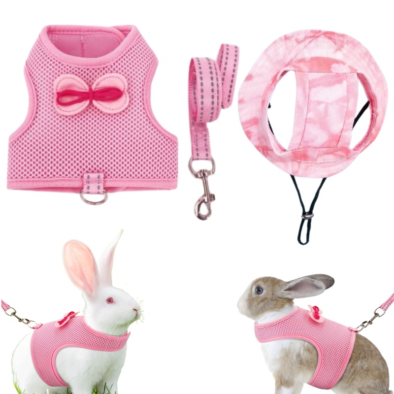 Cute Bunny Harness Leash with Hats for Pet Rabbit, Rabbit Harness Bunny Leash for Walking with Hat, Rabbit Leash Clothes, Bunny Accessories for Rabbits Cat Kitten Puppy, Rabbit Accessories (Pink, M) Pink Medium