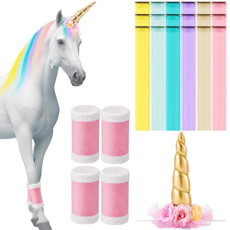 Juexica 23 Pcs Christmas Horse Costume Horse Bling Accessory Include 1 Pcs Horse Unicorn Horn 18 Pcs Clip in Horse Hair Extensions 4 Pcs Horse Leg Wraps for Real Horses Western Horse Lover Horse Party
