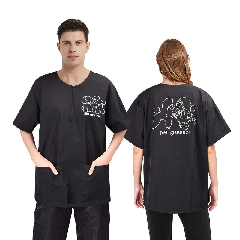 Noverlife Short Sleeves Pet Grooming Work Clothes with 2 Pockets, M Size, Waterproof Anti-Static Pet Beautician Smock, Dog Cat Groomer Cosmetologist Uniforms for Pet Shop Men Women Medium