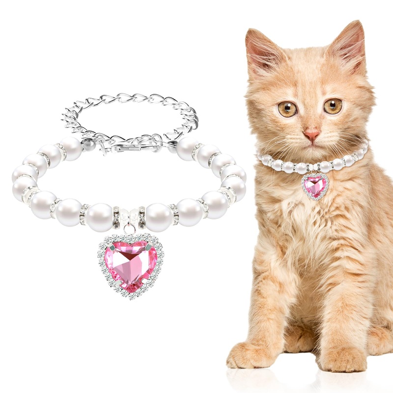 Pearl Cat Collar, Cute Rhinestone Puppy Collar Shine Small Cat Necklaces Pet Collar with Bling Accessories for Kitten Small Dogs Wedding Birthday Party(S,Pink) S pink