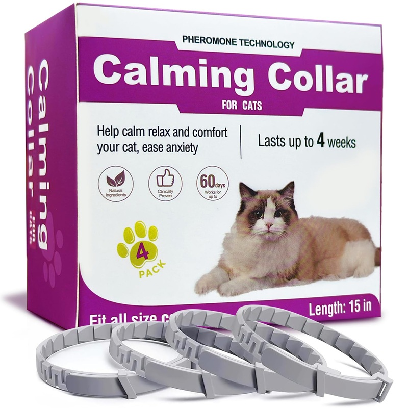 4-Pack Calming Collar for Cats, Calming Pheromone Collars for Cats, Efficient Stress, Anxiety Relief, Reduce Loud Noise, Anti Aggression for Cats, Breakaway Collar & Fit for All Cats, 15 Inches (Grey) Grey
