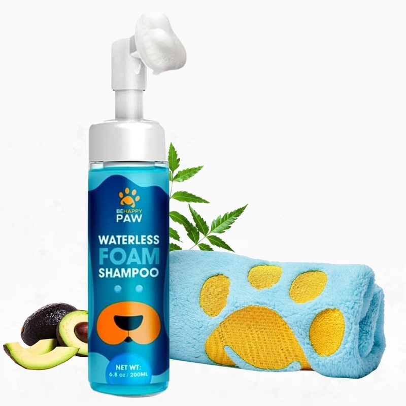 Be Happy Paw Dog Paw Cleaner 6.8fl oz No-Rinse Waterless Shampoo Foam Paw Cleanser with Silicone Brush and Microfiber Towel, Natural Pet Paw Cleaner for Dogs and Cats Fragrance-Free
