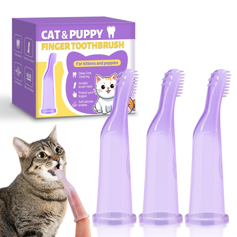 Cats & Puppies Finger Toothbrush-Extended design fits fingers up to 0.82 wideR, designed for kittens and puppies, Finger Toothbrush for Dogs, comes with self-adhesive naming and dental health card 1 Count (Pack of 3) Violet