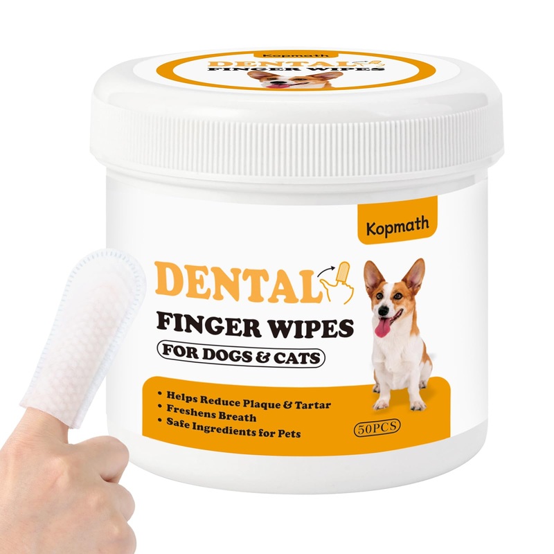 Dog Dental Wipes, Dog Teeth Cleaning Finger Wipes, Reduce Plaque & Tartar, Freshen Breath, Safe Natural Pet Dental Care Finger Wipes for Dog & Cat, Portable & Disposable Dog Tooth Wipes, 50 Ct 50 Count