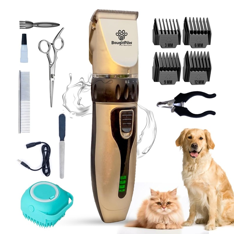 Dog Grooming Kit  Low Noise Cat & Dog Hair Trimmer with Pet Nail Cutter | Cordless Dog Clippers for Grooming Thick Coats with Bath Brush, & Shaver with Scissors for Dogs Cat Animal Gold With Led Display