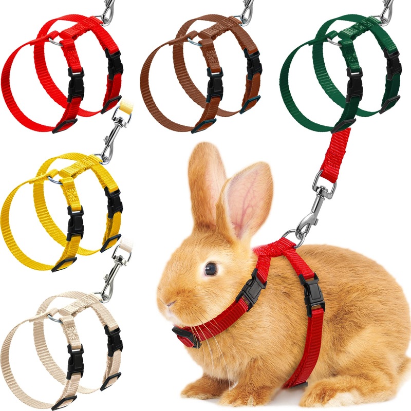 Outus 5 Pieces Adjustable Rabbit Harness and Leash Set Escape Proof Bunny Harness Vest for Pet Running Walk Jogging Leash Harness for Bunny Cat Puppy Kitten Ferret and Other Small Pet(Vivid Color) Vivid Color