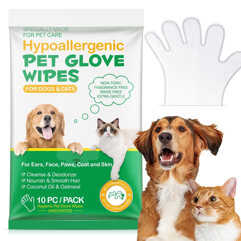 Pet Glove Wipes UNSCENTED for Dogs and Cats No-Rinse, Deodorizing, Grooming Gloves for Paws, Face, Butt, and Legs, Portable Travel-Friendly, Family Stockpile, 10 PCS Hypoallergenic Wipes