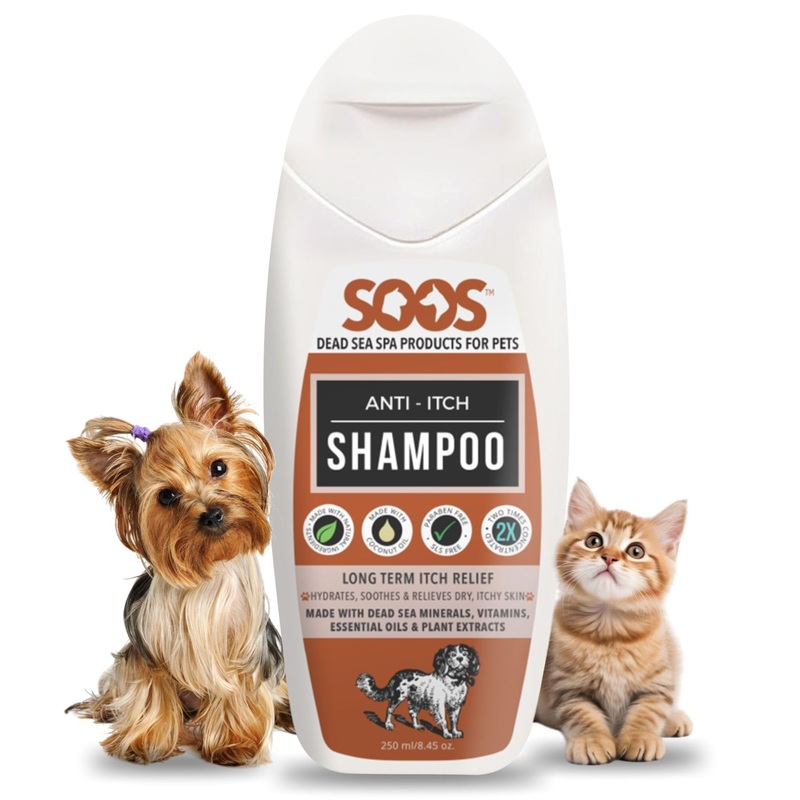 Soos Pet Shampoo Anti-Itch Cat and Dog Shampoo Dead Sea Minerals Fast Absorbing Soothes Itching Clean Fur with Vitamins Essential Oils Natural Ingredients – 1x Bottle (250ml)